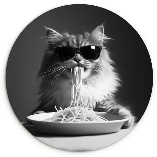 Langharige kat - Zonnebril - Spaghetti - Humor - Zwart - wit Wandcirkel plexiglas klein -3d