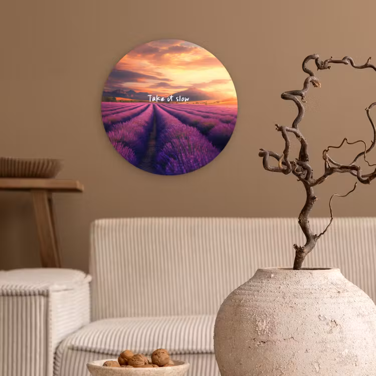 Lavendelveld - Quote - Zonsondergang Wandcirkel plexiglas klein -sfeer1