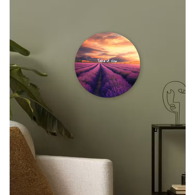 Lavendelveld - Quote - Zonsondergang Wandcirkel plexiglas klein -sfeer3