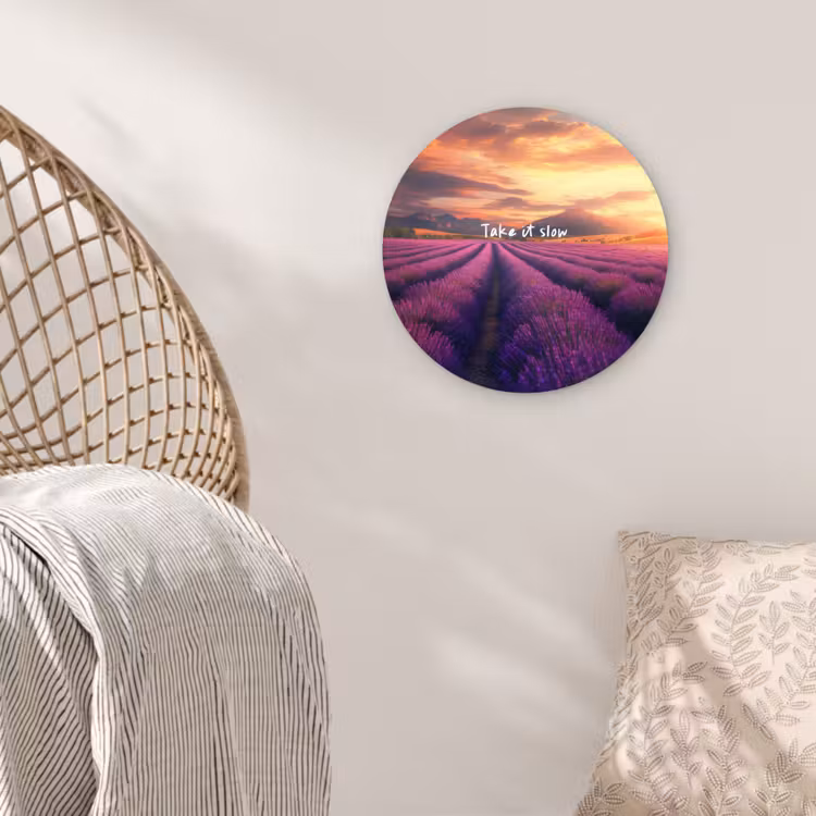 Lavendelveld - Quote - Zonsondergang Wandcirkel plexiglas klein -sfeer5