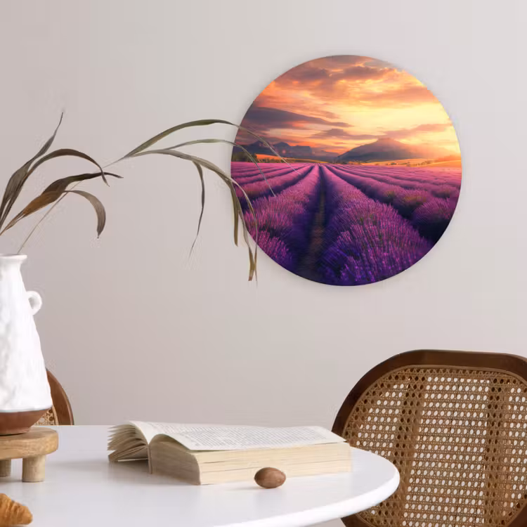 Lavendelveld - Zonsondergang - Paars Wandcirkel plexiglas klein -sfeer4