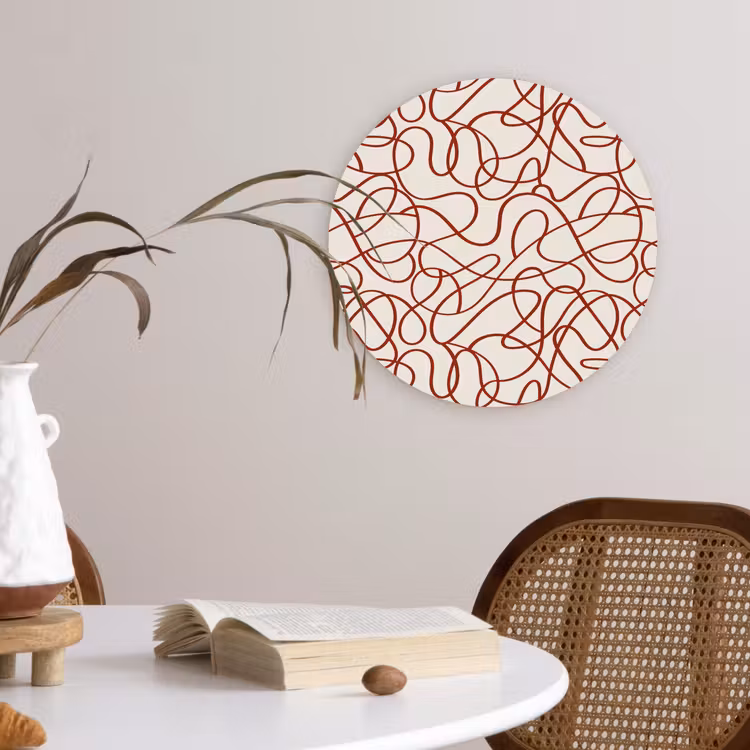 Lijnen - Abstract - Rood - Beige Wandcirkel plexiglas klein 852 -sfeer4