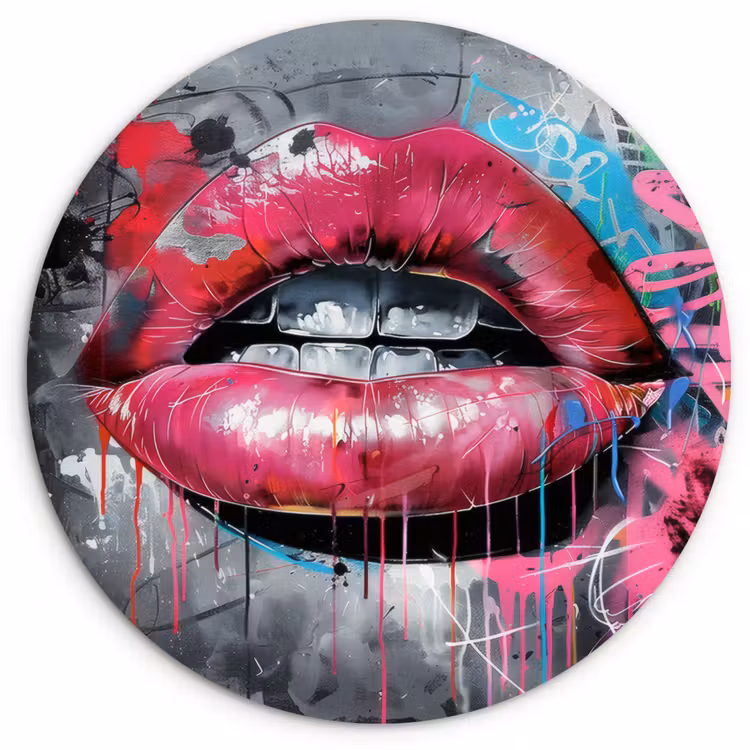 Lippen - Felroze - Graffiti - Verfstrepen Wandcirkel plexiglas klein -3d