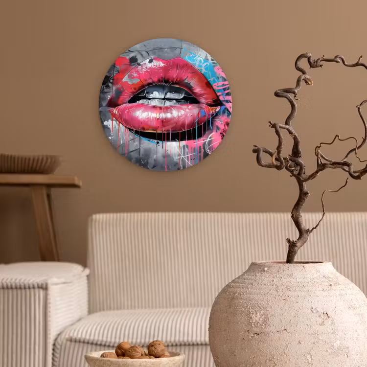 Lippen - Felroze - Graffiti - Verfstrepen Wandcirkel plexiglas klein -sfeer1