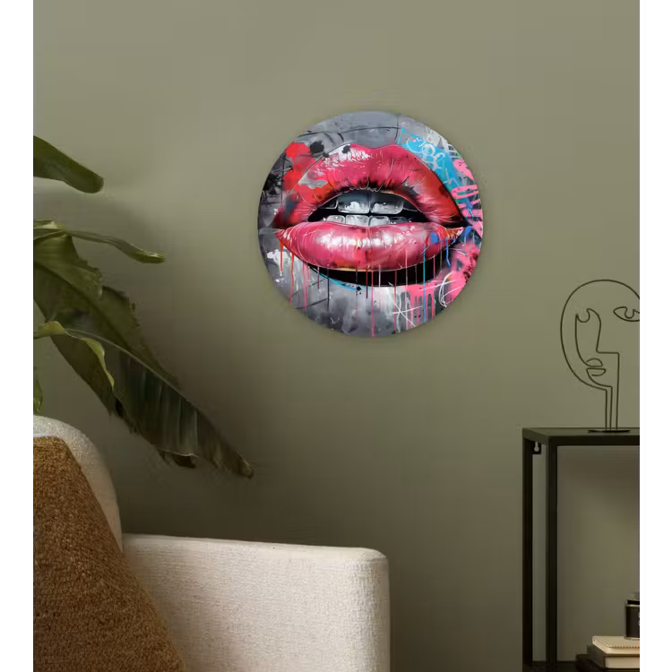 Lippen - Felroze - Graffiti - Verfstrepen Wandcirkel plexiglas klein -sfeer3