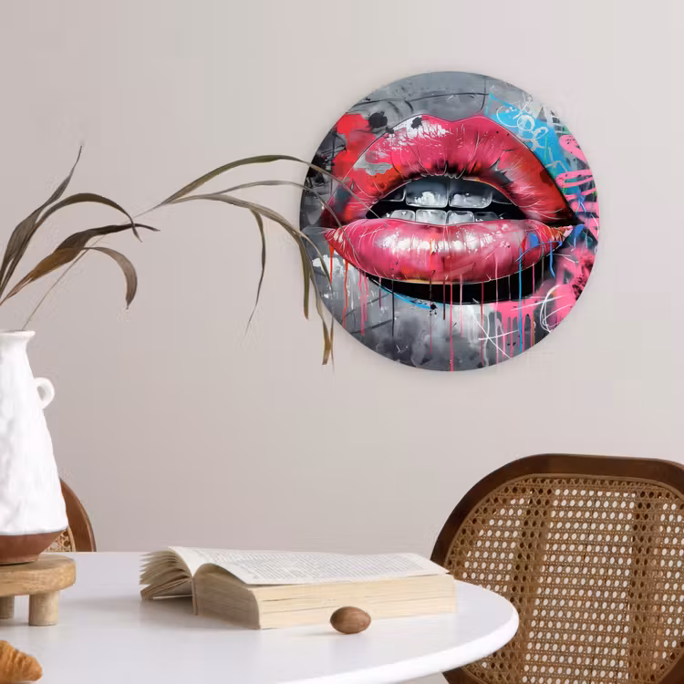 Lippen - Felroze - Graffiti - Verfstrepen Wandcirkel plexiglas klein -sfeer4