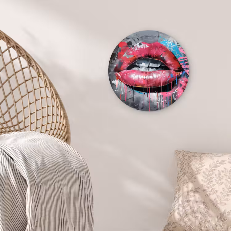 Lippen - Felroze - Graffiti - Verfstrepen Wandcirkel plexiglas klein -sfeer5