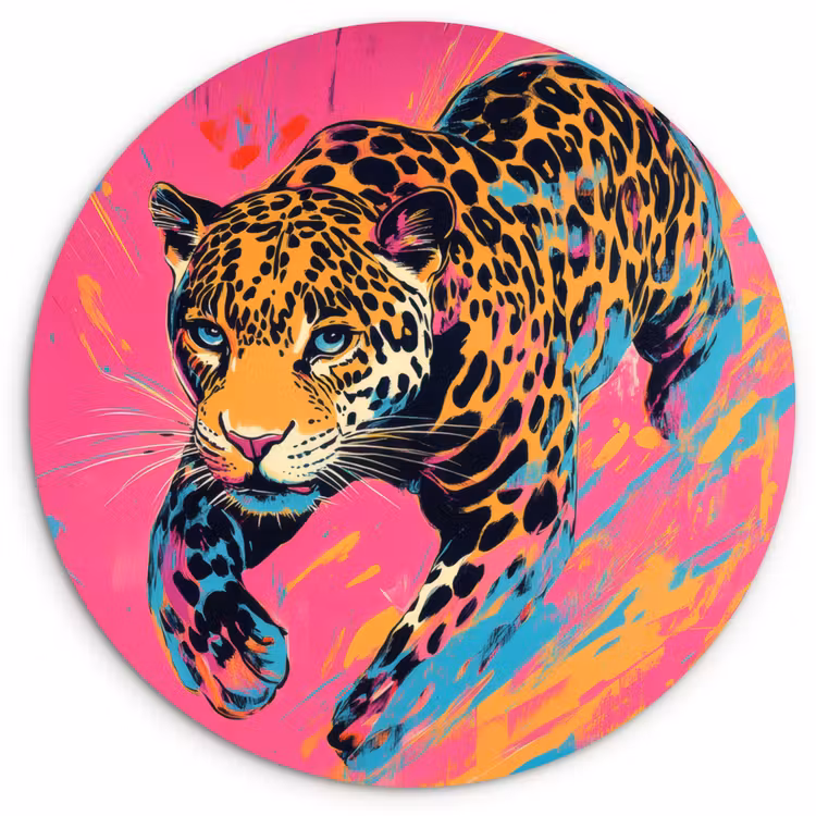 Luipaard - Roze - Oranje - Blauw - Verf Wandcirkel plexiglas klein -3d