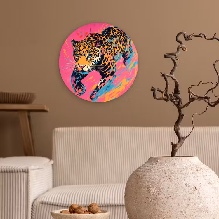 Luipaard - Roze - Oranje - Blauw - Verf Wandcirkel plexiglas klein -sfeer1