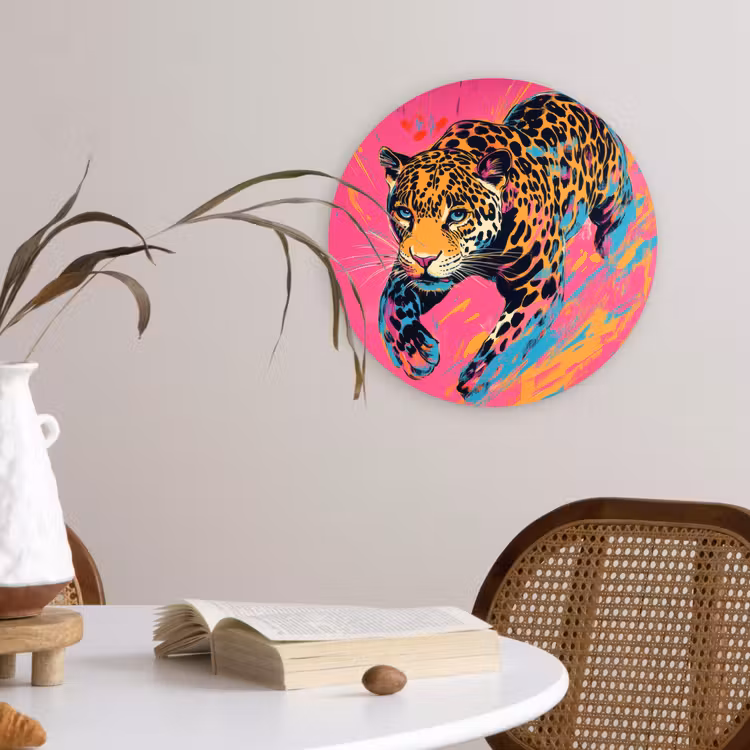Luipaard - Roze - Oranje - Blauw - Verf Wandcirkel plexiglas klein -sfeer4