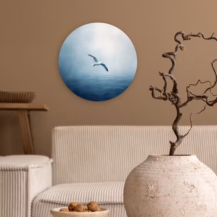 Meeuw - Wit - Zee - Mistig Wandcirkel plexiglas klein -sfeer1