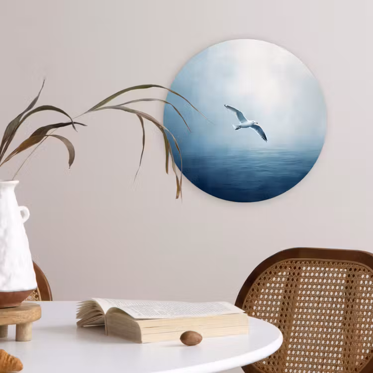Meeuw - Wit - Zee - Mistig Wandcirkel plexiglas klein -sfeer4