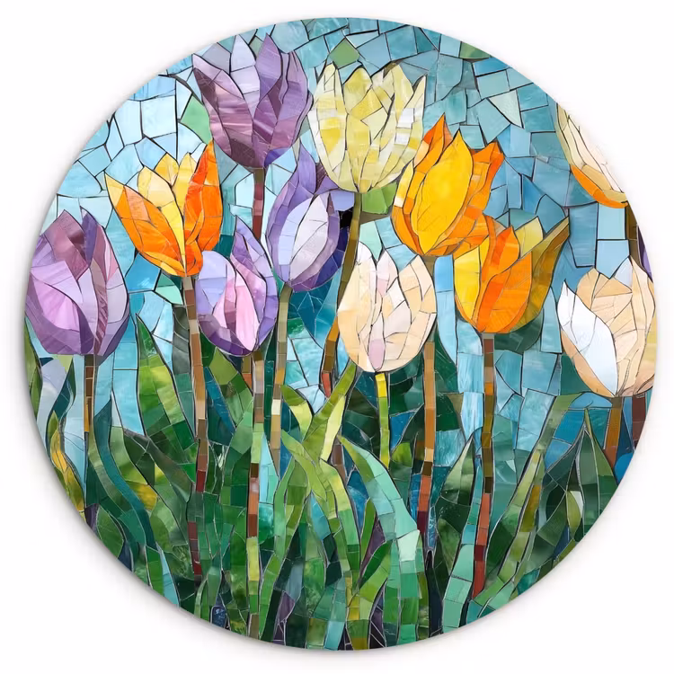 Mozaïek - Veld - Tulpen - Kleurrijk Wandcirkel plexiglas klein -3d