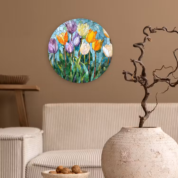 Mozaïek - Veld - Tulpen - Kleurrijk Wandcirkel plexiglas klein -sfeer1