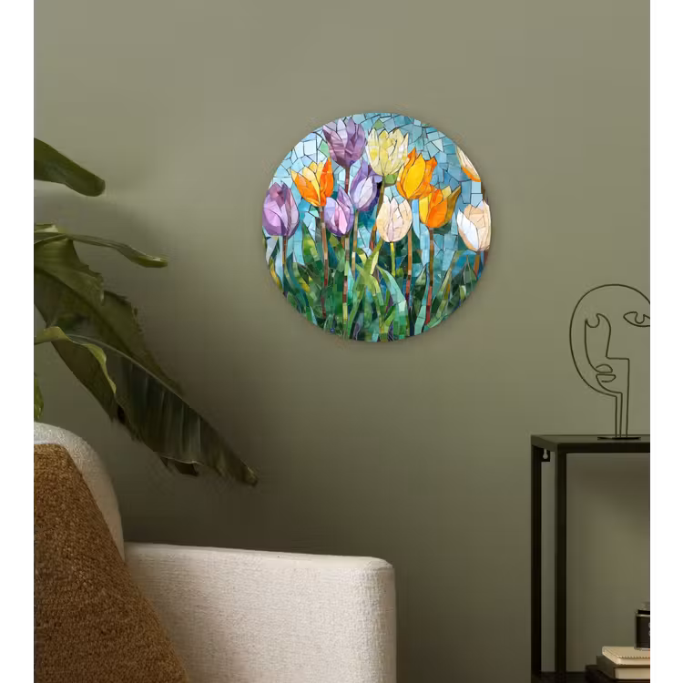 Mozaïek - Veld - Tulpen - Kleurrijk Wandcirkel plexiglas klein -sfeer3