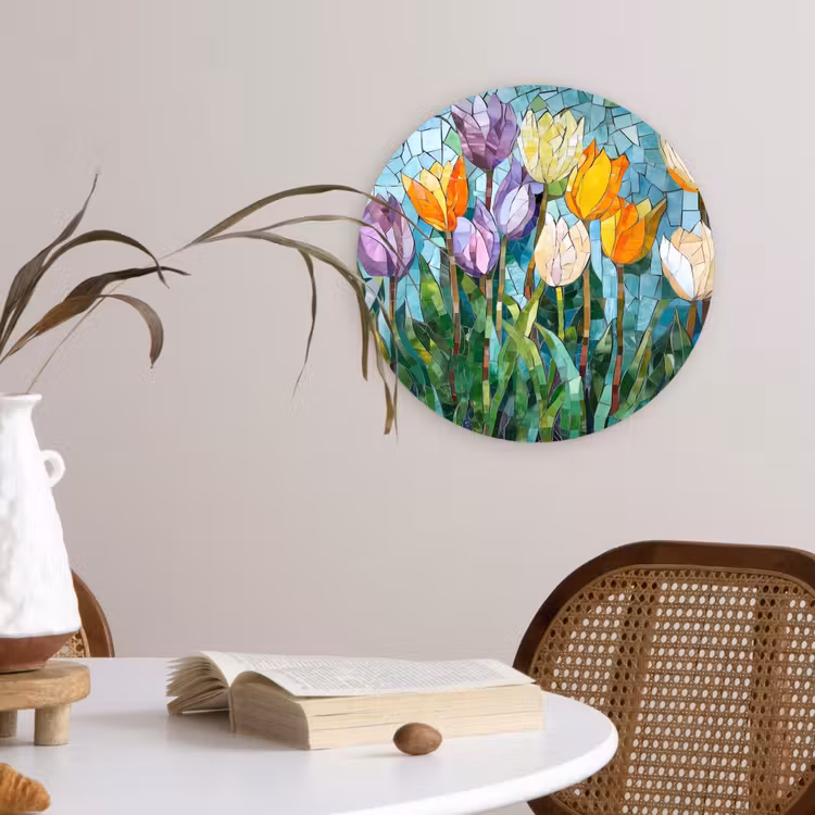 Mozaïek - Veld - Tulpen - Kleurrijk Wandcirkel plexiglas klein -sfeer4