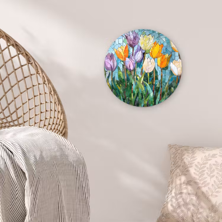 Mozaïek - Veld - Tulpen - Kleurrijk Wandcirkel plexiglas klein -sfeer5