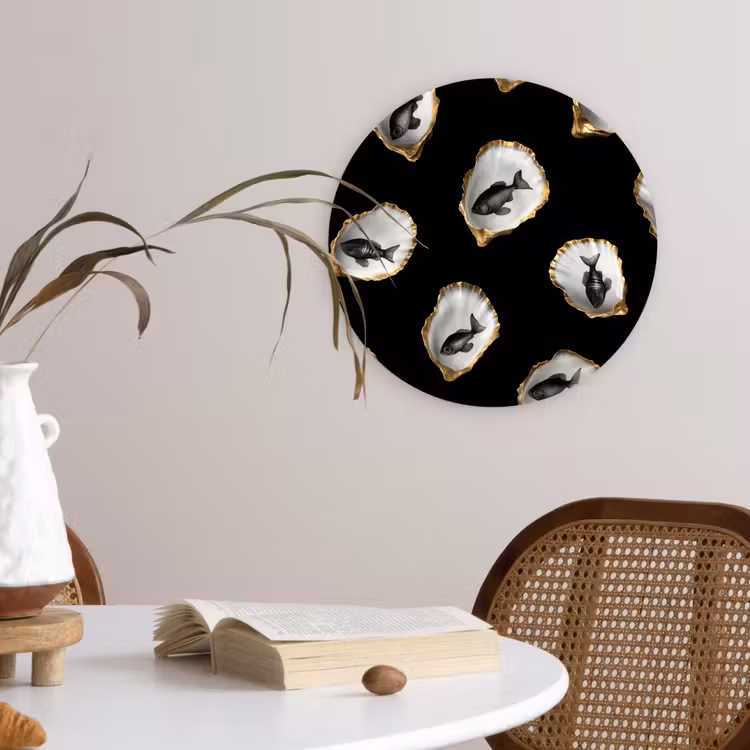 Oesters - Zwart - Vissen - Goud Wandcirkel plexiglas klein -sfeer4