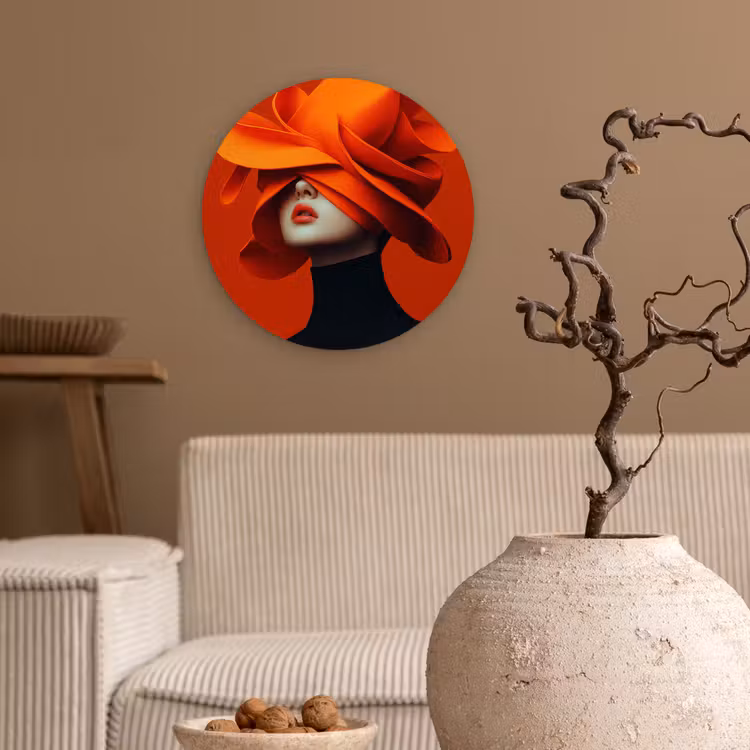 Oranje - Hoed - Vrouw Wandcirkel plexiglas klein -sfeer1