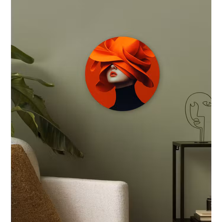 Oranje - Hoed - Vrouw Wandcirkel plexiglas klein -sfeer3