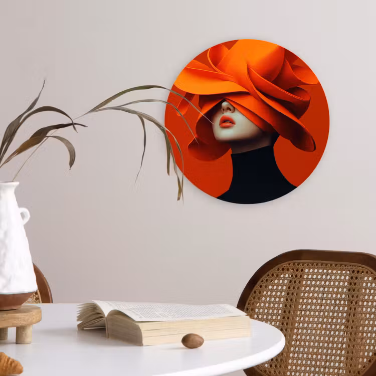 Oranje - Hoed - Vrouw Wandcirkel plexiglas klein -sfeer4