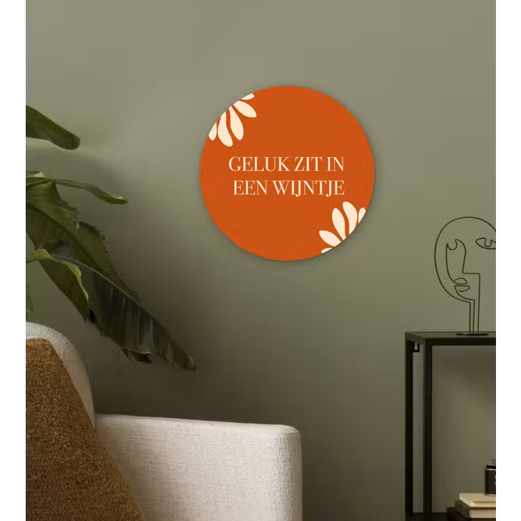 Oranje - Wijntje - Quote Wandcirkel plexiglas klein -sfeer3