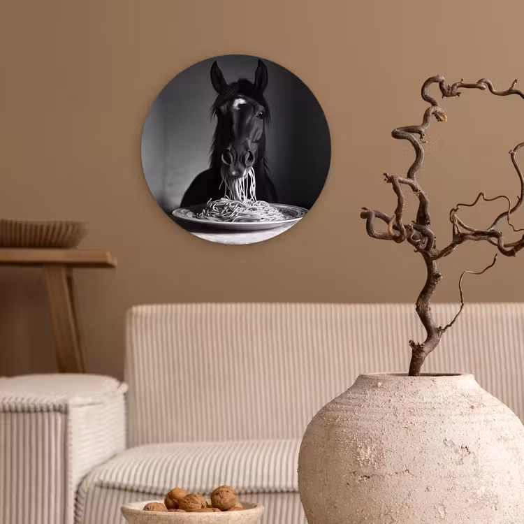Paard - Bord - Pasta - Tafelkleed - Zwart Wit - Dieren Wandcirkel plexiglas klein -sfeer1