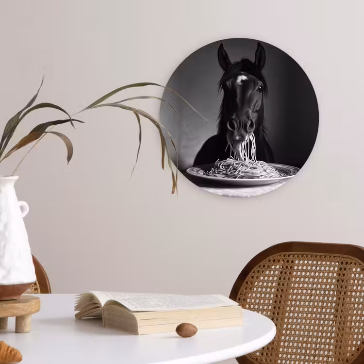 Paard - Bord - Pasta - Tafelkleed - Zwart Wit - Dieren Wandcirkel plexiglas klein -sfeer4