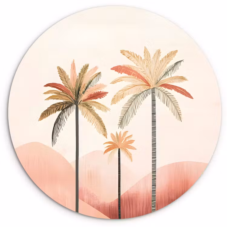 Palmbomen - Heuvels - Minimalistisch - Zachtroze Wandcirkel plexiglas klein -3d