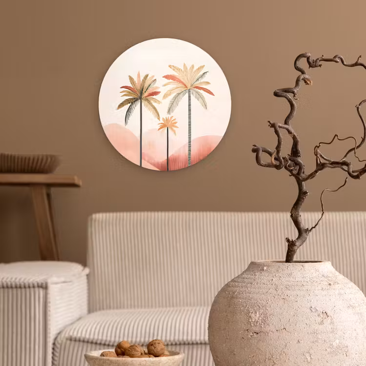 Palmbomen - Heuvels - Minimalistisch - Zachtroze Wandcirkel plexiglas klein -sfeer1