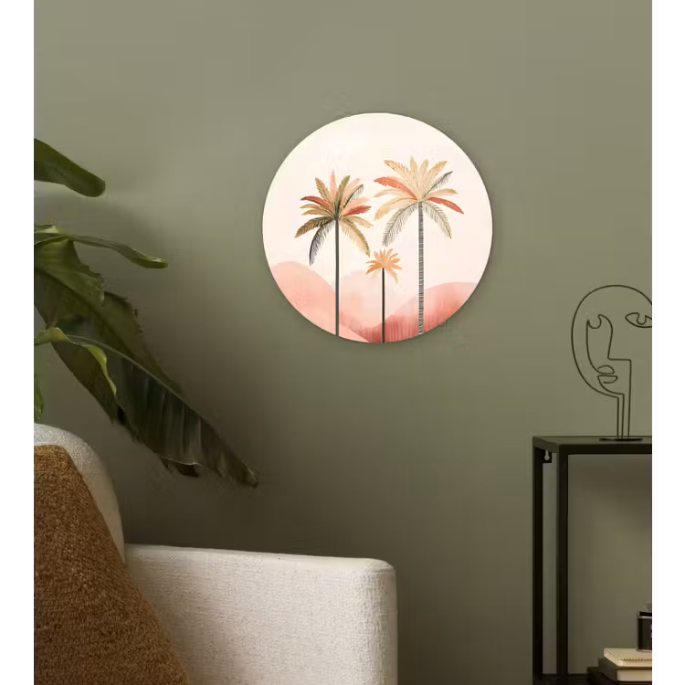 Palmbomen - Heuvels - Minimalistisch - Zachtroze Wandcirkel plexiglas klein -sfeer3