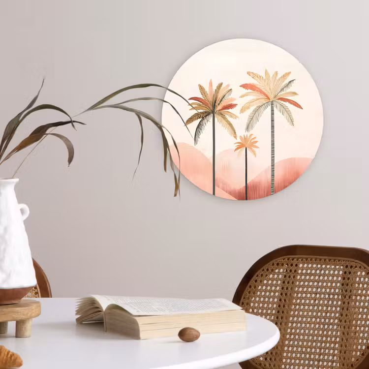 Palmbomen - Heuvels - Minimalistisch - Zachtroze Wandcirkel plexiglas klein -sfeer4