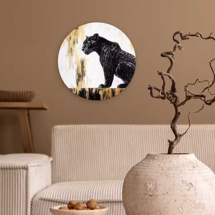 Panter - Zwart - Abstract - Goud Wandcirkel plexiglas klein -sfeer1
