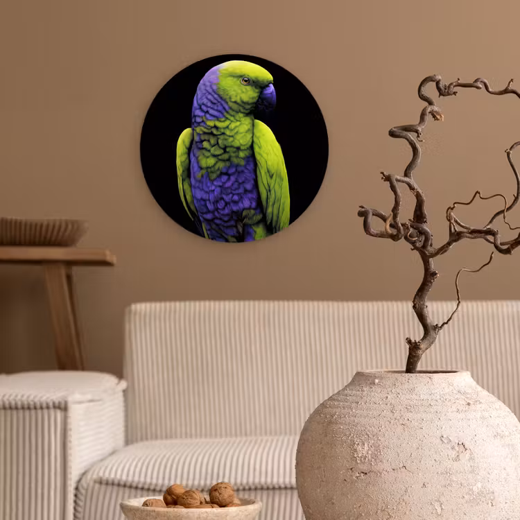 Papegaai - Veren - Opvallend - Groen Wandcirkel plexiglas klein -sfeer1