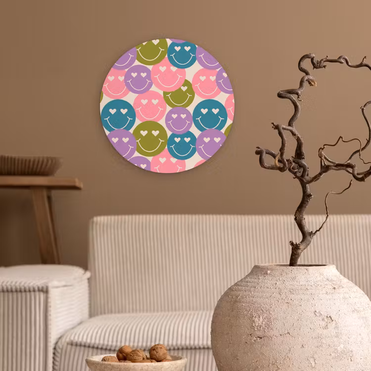 Patroon - Smiley - Kleurrijk - Hartjes Wandcirkel plexiglas klein 852 -sfeer1