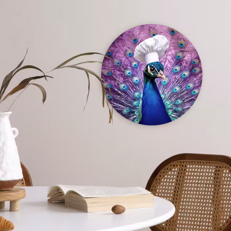 Pauw - Koksmuts - Cool - Paars Wandcirkel plexiglas klein -sfeer4