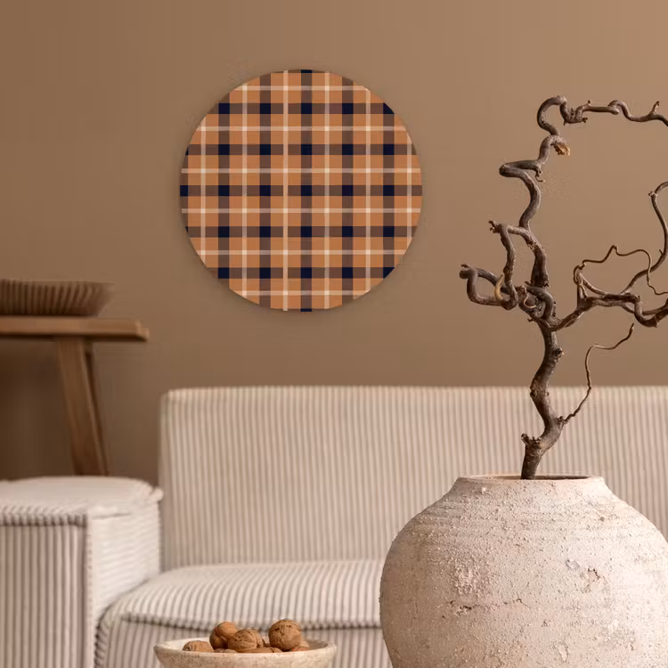 Plaid - Patroon - Vierkant - Bruin Wandcirkel plexiglas klein 852 -sfeer1