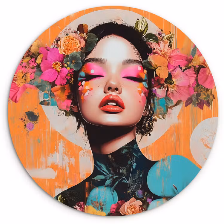 Portret - Vrouw - Abstract - Bloemen Wandcirkel plexiglas klein -3d