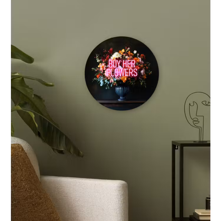 Quote - Bloemen - Vaas - Neon Wandcirkel plexiglas klein -sfeer3