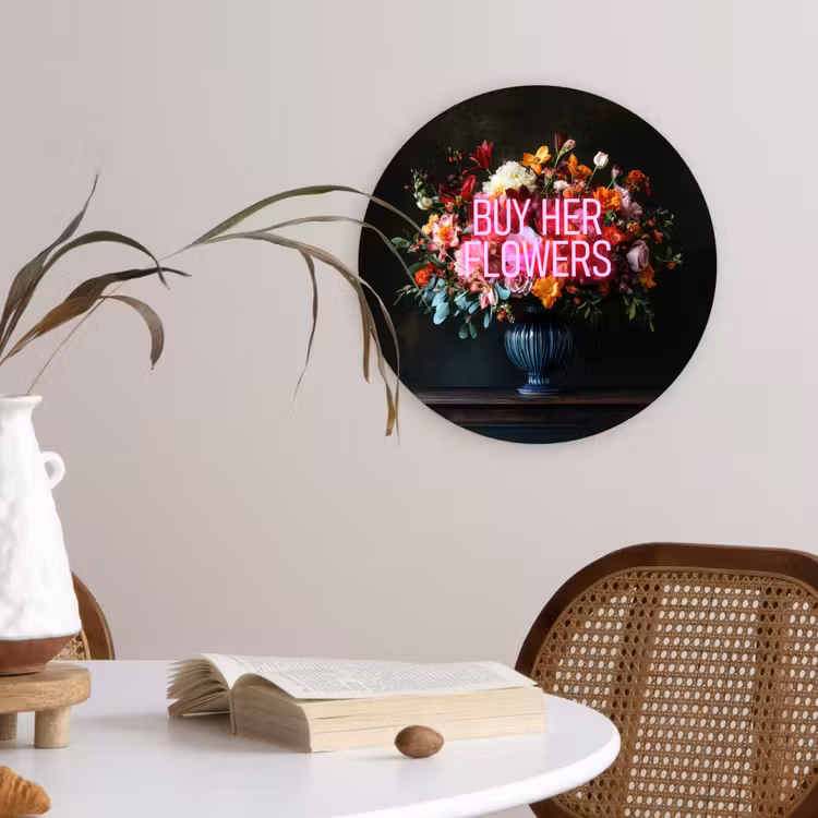Quote - Bloemen - Vaas - Neon Wandcirkel plexiglas klein -sfeer4