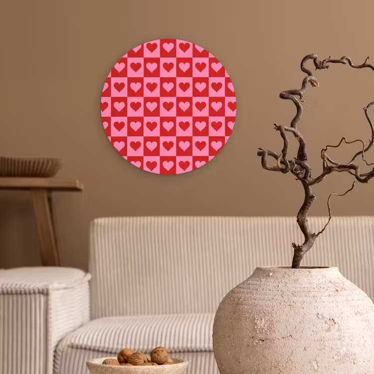 Rood - Roze - Schaakbord - Valentijn Wandcirkel plexiglas klein -sfeer1