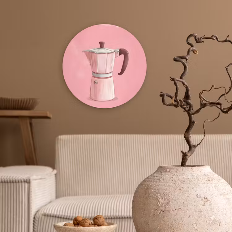 Roze - Mokkapot - Illustratie - Koffie Wandcirkel plexiglas klein -sfeer1