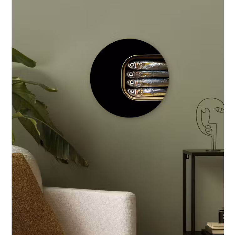 Sardines - Blik - Zwart - Vissen Wandcirkel plexiglas klein -sfeer3