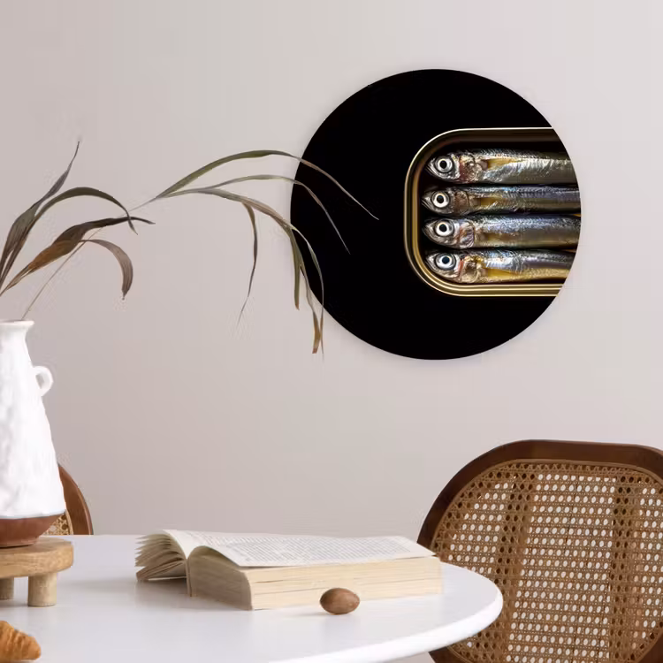Sardines - Blik - Zwart - Vissen Wandcirkel plexiglas klein -sfeer4