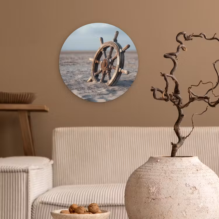 Scheepsstuur - Hout - Bruin - Zand Wandcirkel plexiglas klein -sfeer1