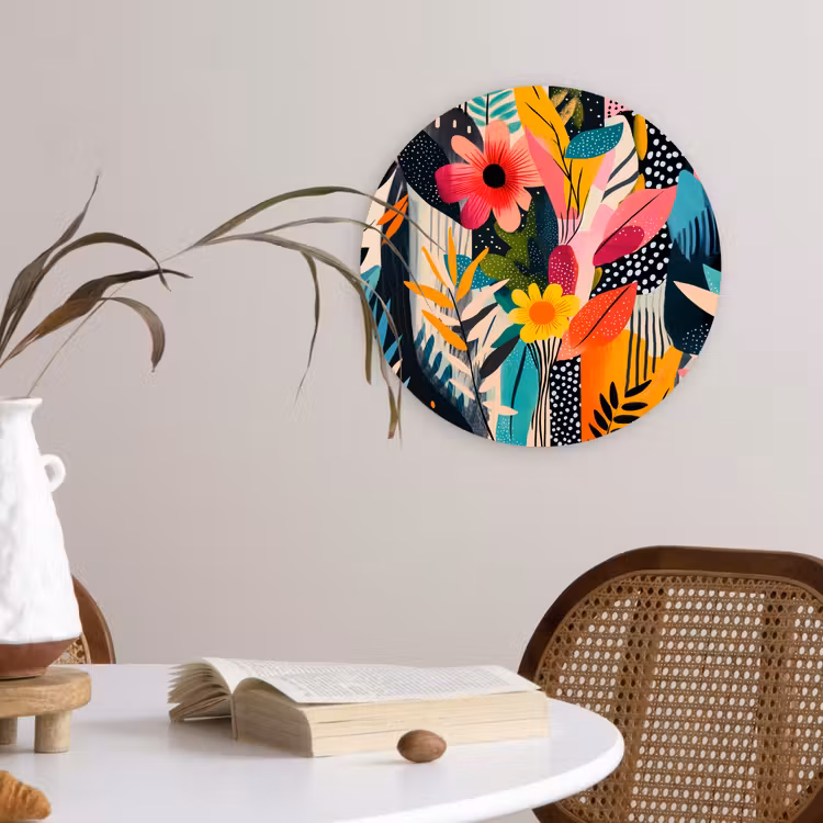 Schilderij - Abstract - Bloemen - Roze Wandcirkel plexiglas klein -sfeer4