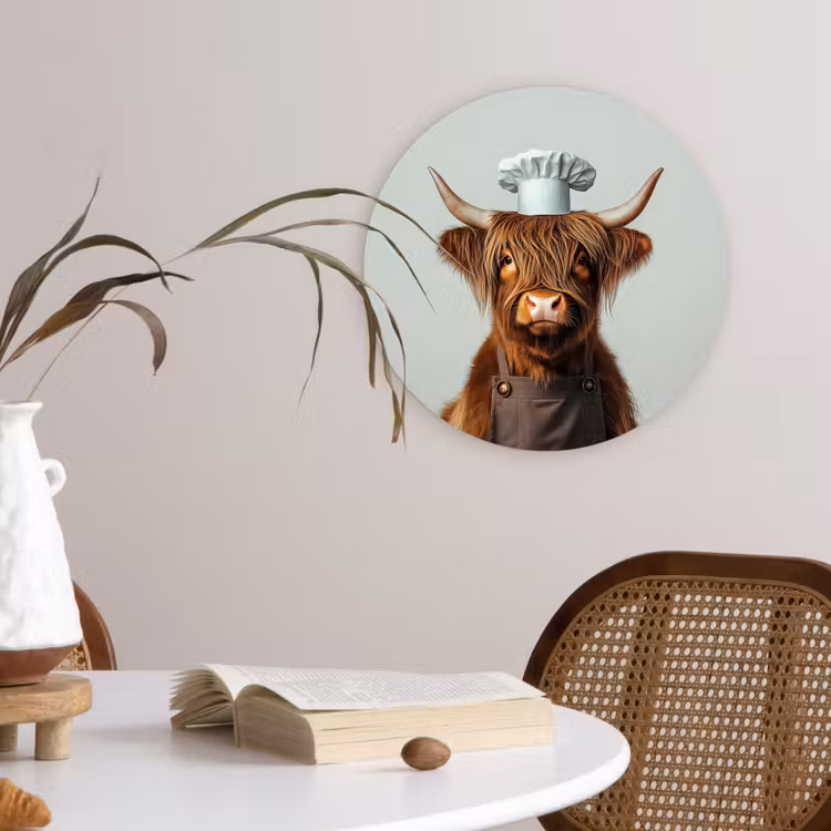 Schotse Hooglander - Bruin - Hoorns - Kokskleding Wandcirkel plexiglas klein -sfeer4