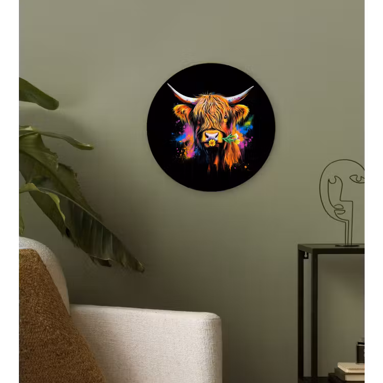 Schotse Hooglander - Graffiti - Kleurrijk - Bloem - Dieren Wandcirkel plexiglas klein -sfeer3