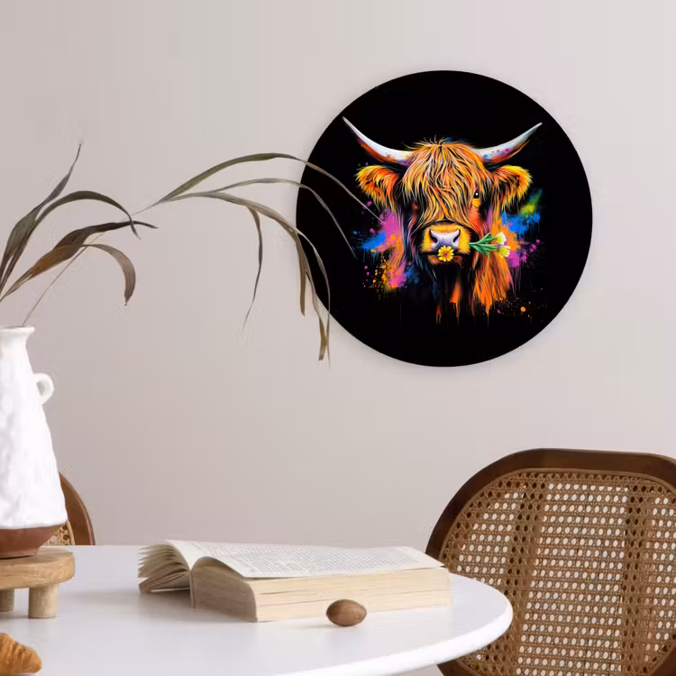 Schotse Hooglander - Graffiti - Kleurrijk - Bloem - Dieren Wandcirkel plexiglas klein -sfeer4