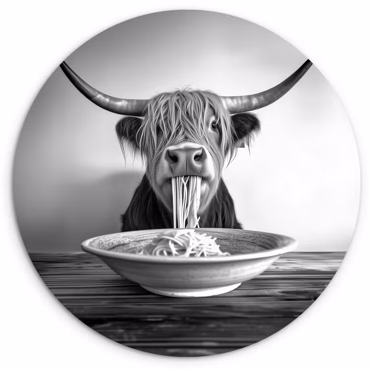 Schotse Hooglander - Spaghetti - Dieren - Zwart wit Wandcirkel plexiglas klein -3d